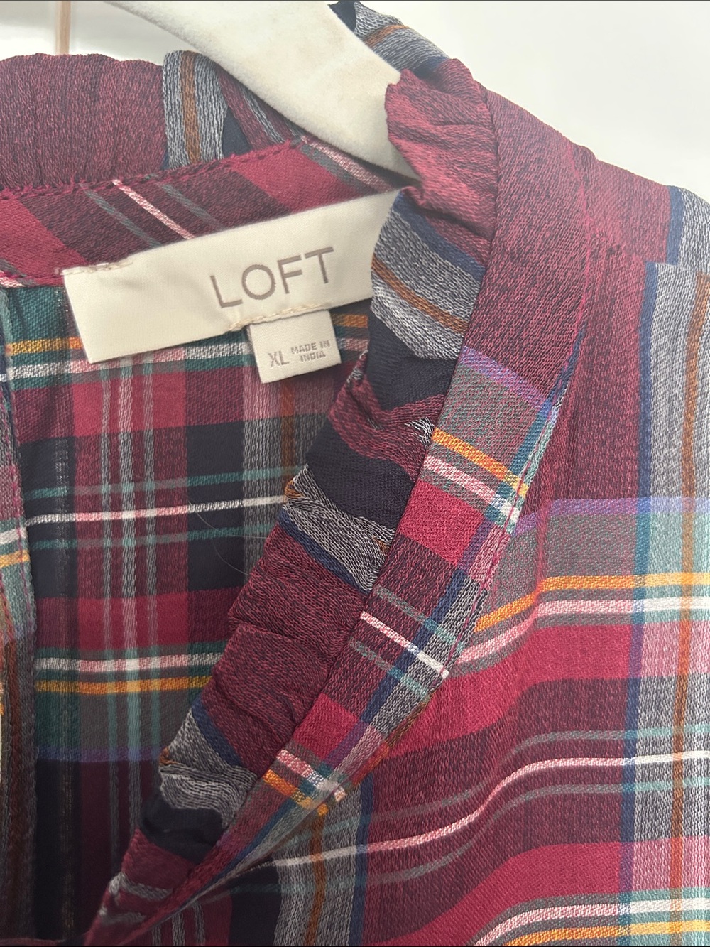 LOFT Burgundy Plaid Sleeveless Ruffle-Trim Camisole - Picture 3 of 3